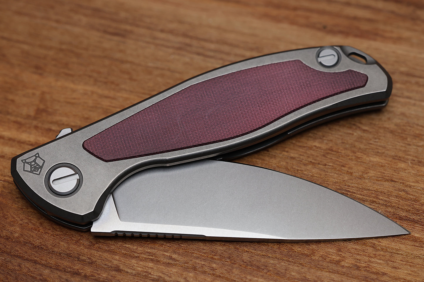 SHIROGOROV F95NL – ELMAX BLADE – STONEWASHED TITANIUM HANDLE W/ MAROON MICARTA INLAY- MRBS