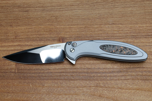 PRO-TECH CAMBRIA CUSTOM MANUAL GRAY ALUMINUM HANDLES W/ TECHNOCARBO COPPER INLAY & COMPOUND POLISHED 154CM CUSTOM 004