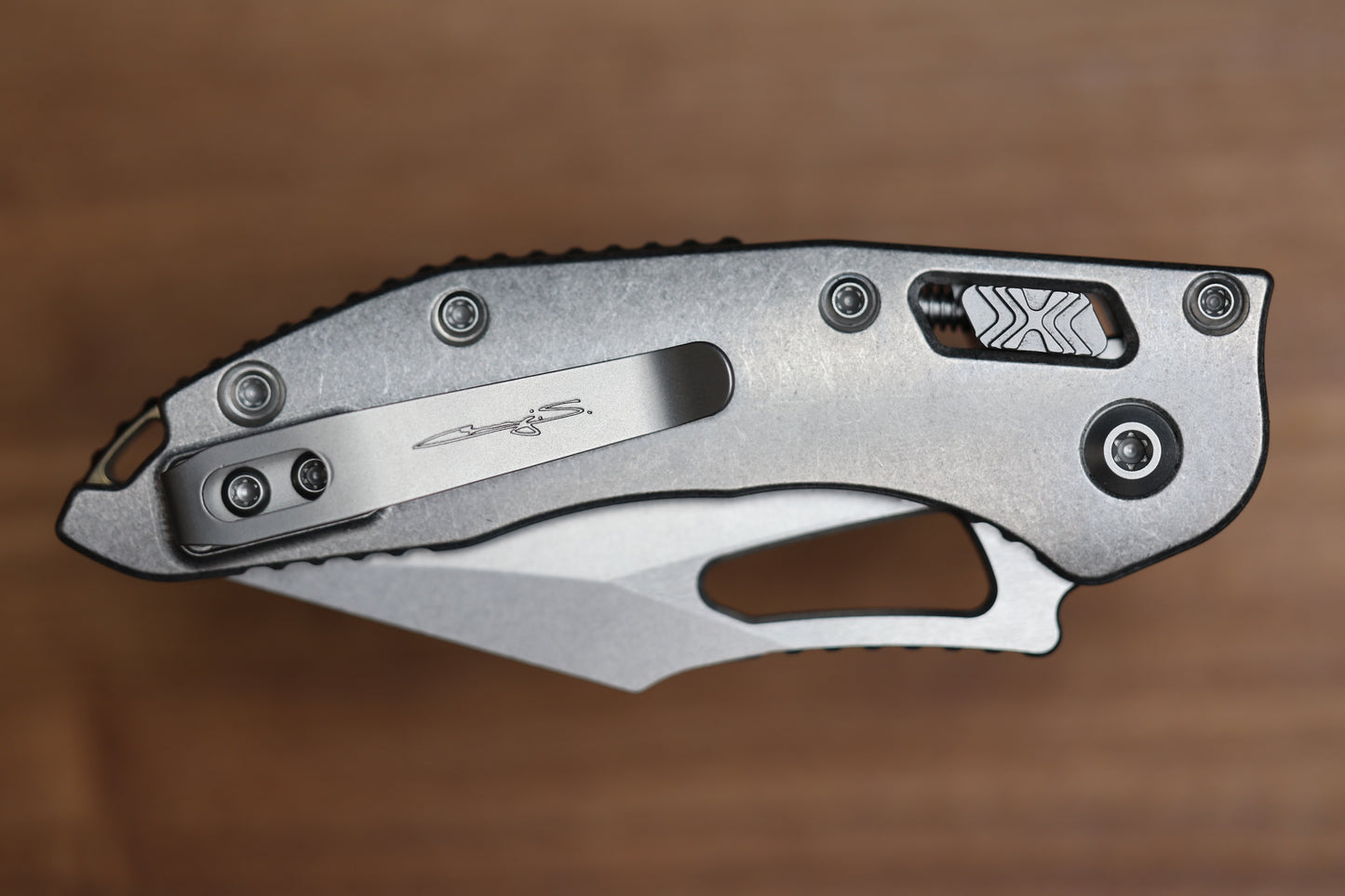 MARFIONE SELECT MANUAL M-STITCH RAM LOK SLAB SIDE TITANIUM HANDLES W/ BRONZE ACCENTS & STONEWASH M390MK 169MRL-10MS1