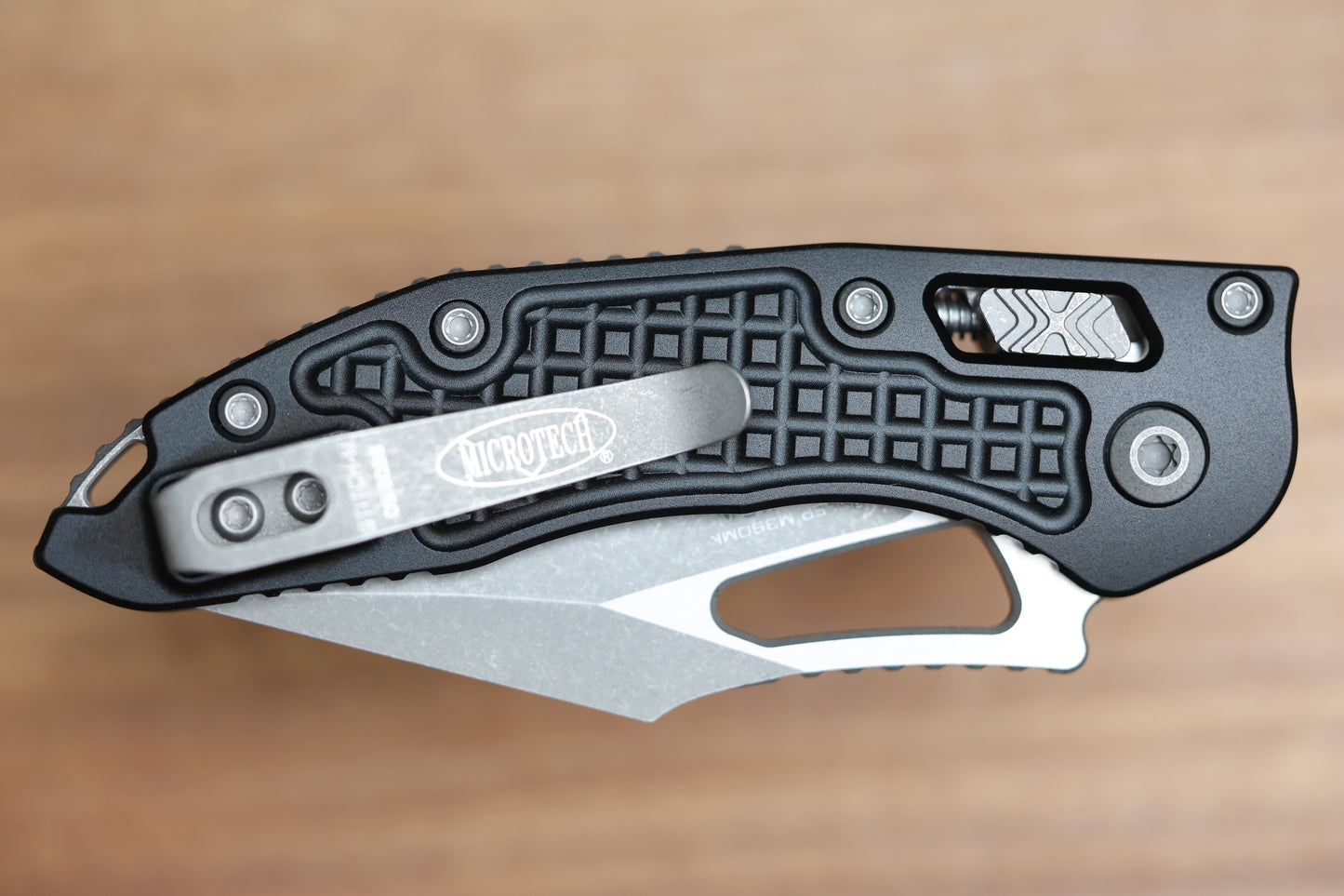 MICROTECH KNIVES MANUAL M-STITCH RAM LOK BLACK FRAG ALUMINUM HANDLES & APOCALYPTIC M390MK 169MRL-10APFR