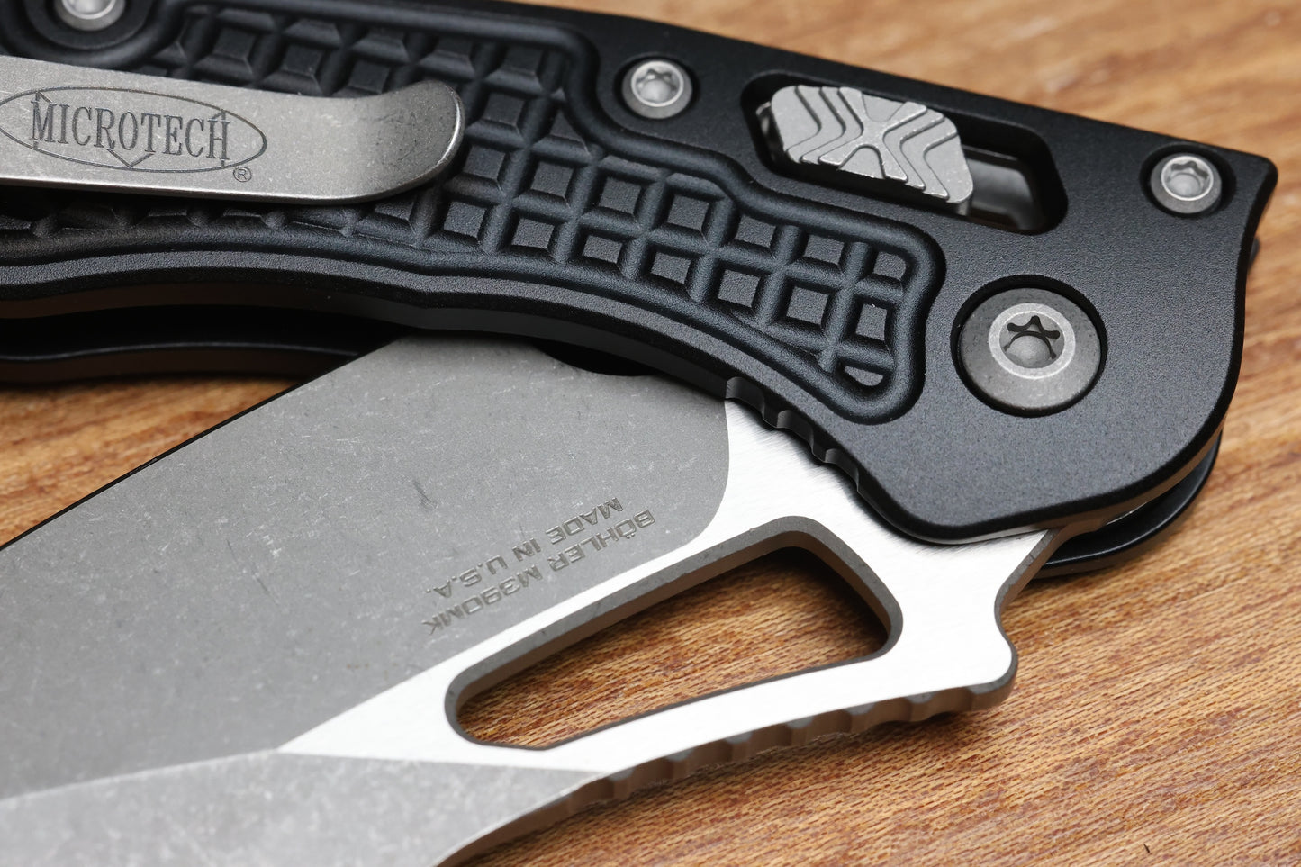 MICROTECH KNIVES MANUAL M-STITCH RAM LOK BLACK FRAG ALUMINUM HANDLES & APOCALYPTIC M390MK 169MRL-10APFR
