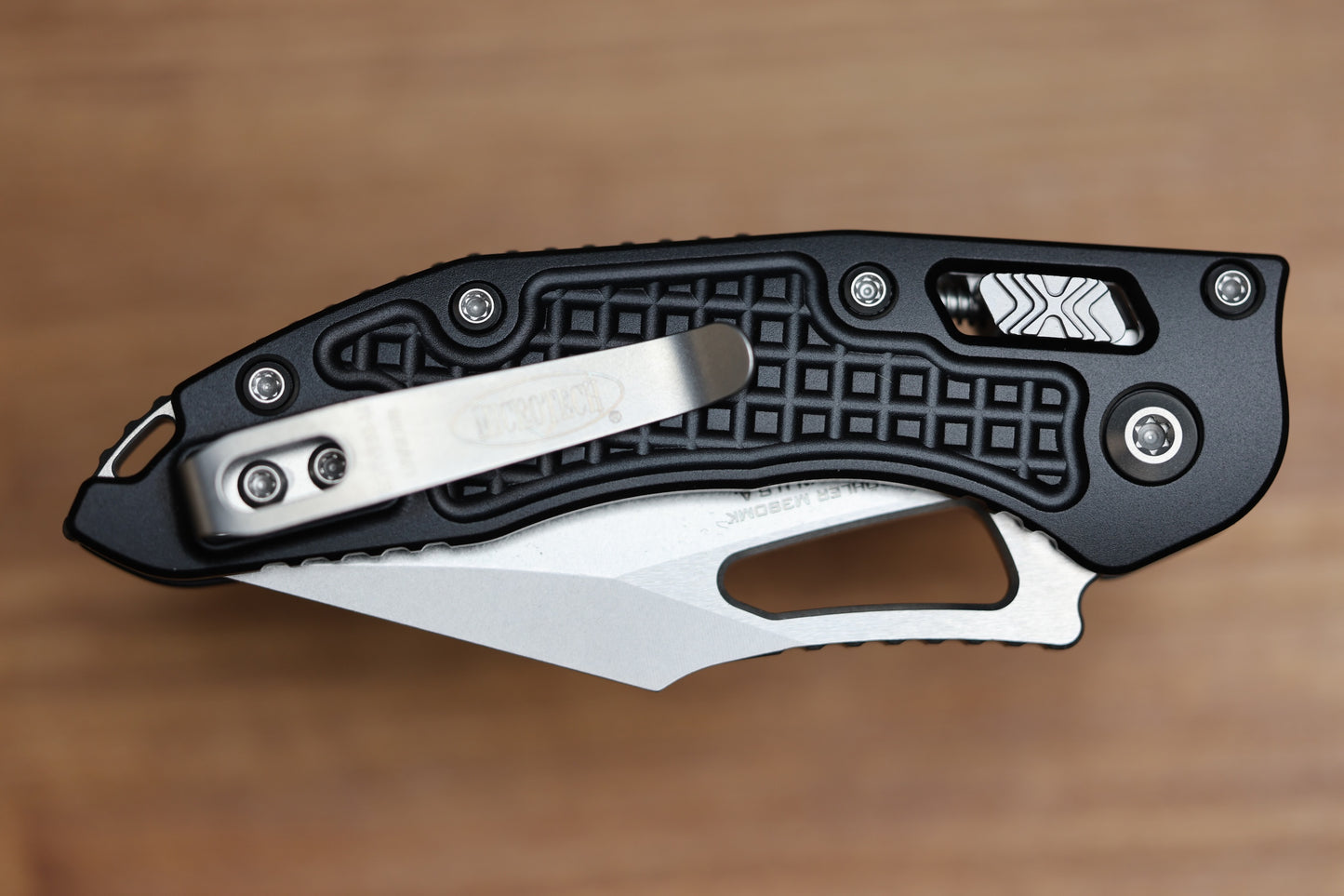 MICROTECH KNIVES MANUAL M-STITCH RAM LOK BLACK FRAG ALUMINUM HANDLES & STONEWASH M390MK 169MRL-10FR