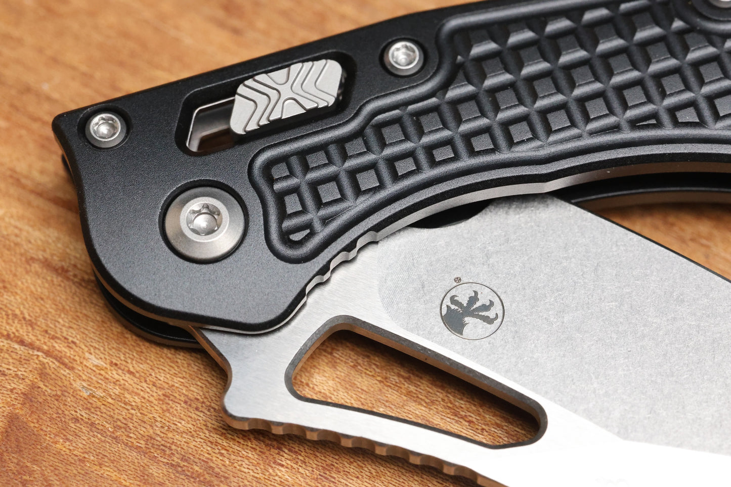 MICROTECH KNIVES MANUAL M-STITCH RAM LOK BLACK FRAG ALUMINUM HANDLES & STONEWASH M390MK 169MRL-10FR