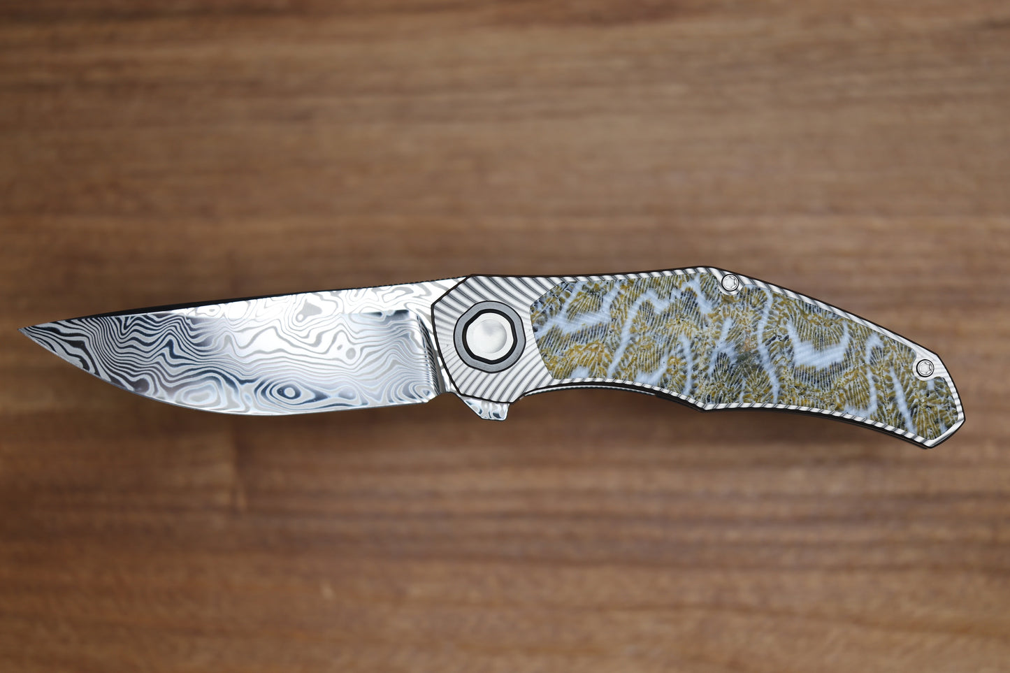 HOLT BLADEWORKS RENEGADE FOSSILIZED CORAL INLAY TITANIUM VINLAND DAMASTEEL #261