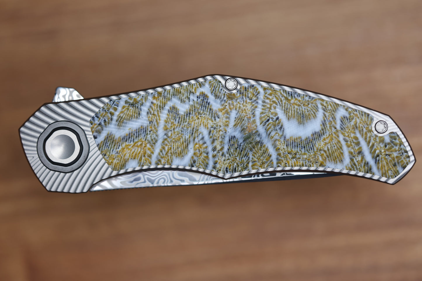 HOLT BLADEWORKS RENEGADE FOSSILIZED CORAL INLAY TITANIUM VINLAND DAMASTEEL #261