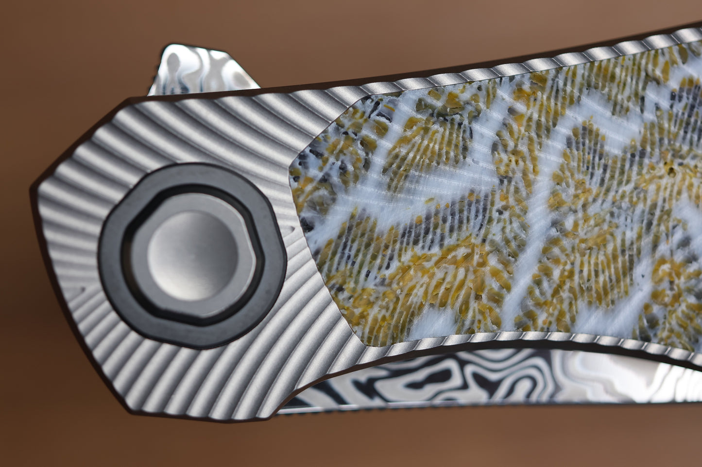 HOLT BLADEWORKS RENEGADE FOSSILIZED CORAL INLAY TITANIUM VINLAND DAMASTEEL #261