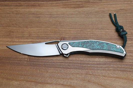 SHIROGOROV KNIVES QUANTUM TKM -TITANIUM W/TEAL MAGNETIC CARBOTI INLAY - S90V BLADE - SRRBS