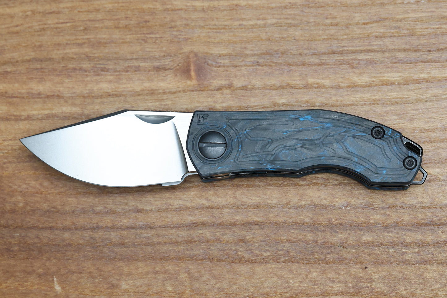 CUSTOM KNIFE FACTORY KEYSHA W/ BLUE CARBON FIBER HANDLES & M398 BLADES