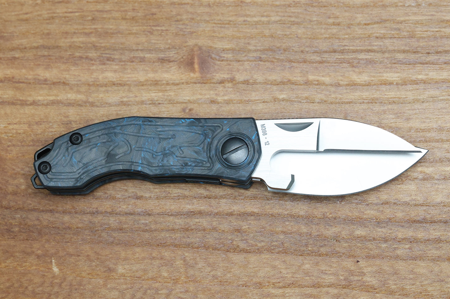 CUSTOM KNIFE FACTORY KEYSHA W/ BLUE CARBON FIBER HANDLES & M398 BLADES