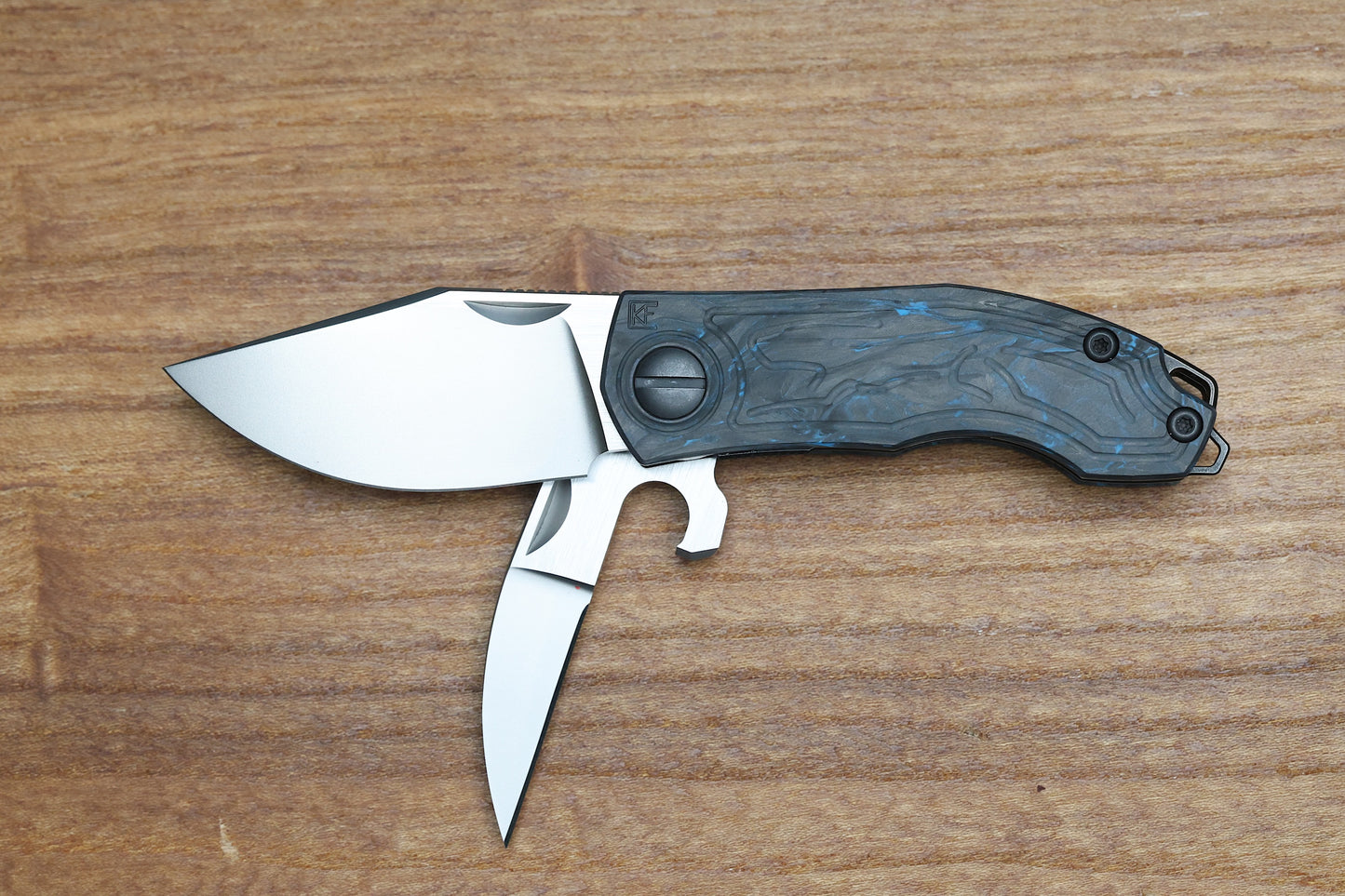 CUSTOM KNIFE FACTORY KEYSHA W/ BLUE CARBON FIBER HANDLES & M398 BLADES