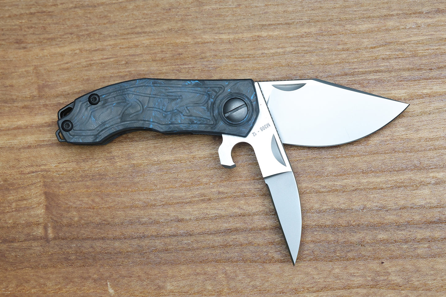 CUSTOM KNIFE FACTORY KEYSHA W/ BLUE CARBON FIBER HANDLES & M398 BLADES
