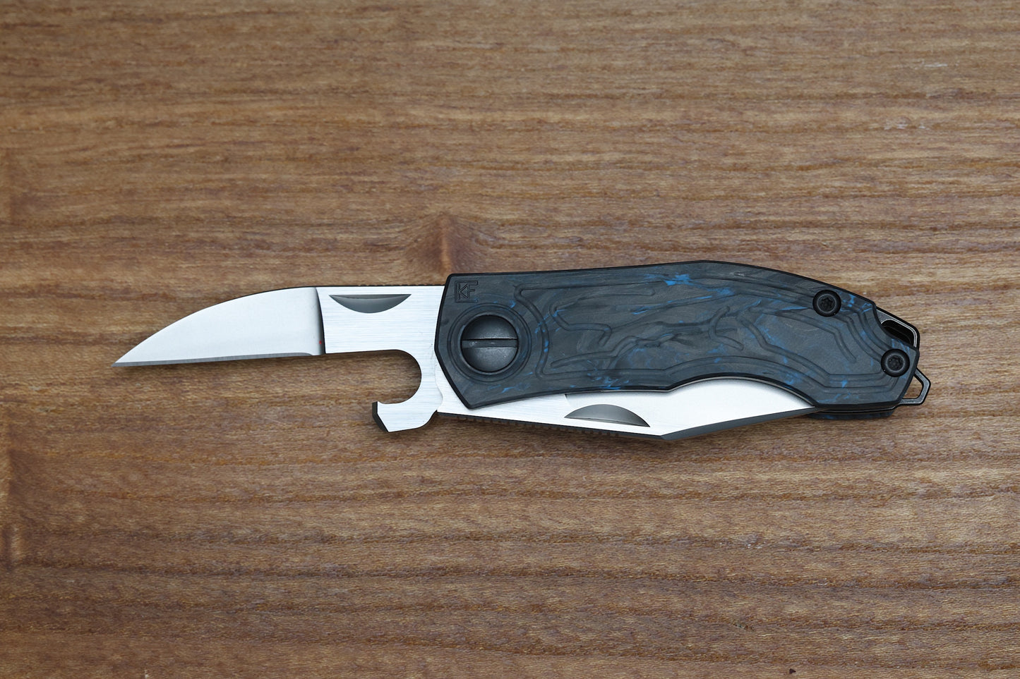 CUSTOM KNIFE FACTORY KEYSHA W/ BLUE CARBON FIBER HANDLES & M398 BLADES