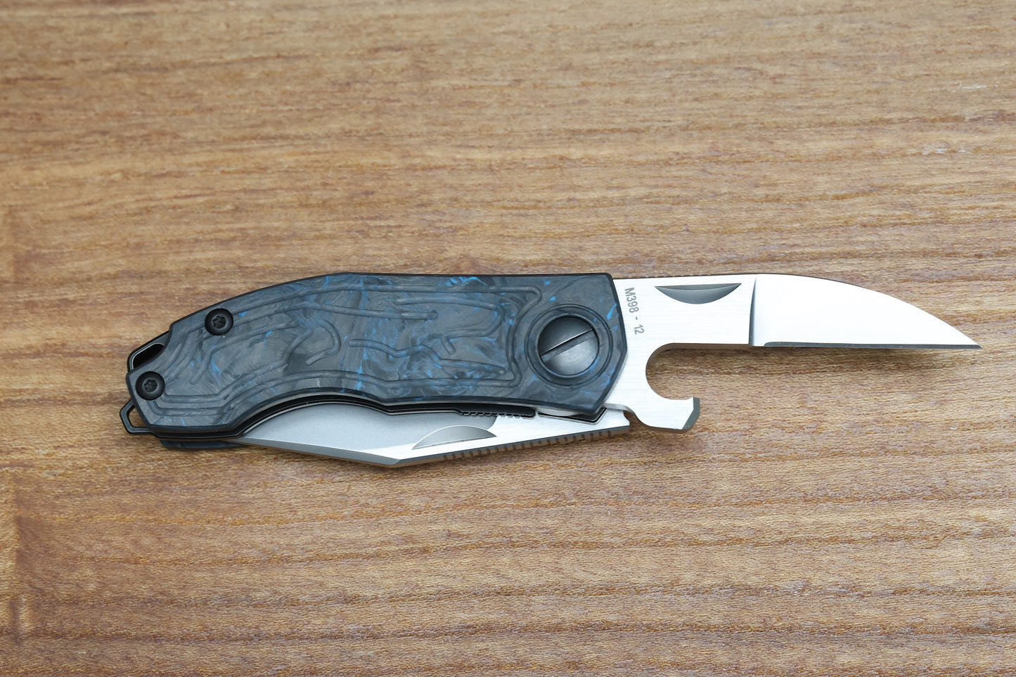 CUSTOM KNIFE FACTORY KEYSHA W/ BLUE CARBON FIBER HANDLES & M398 BLADES