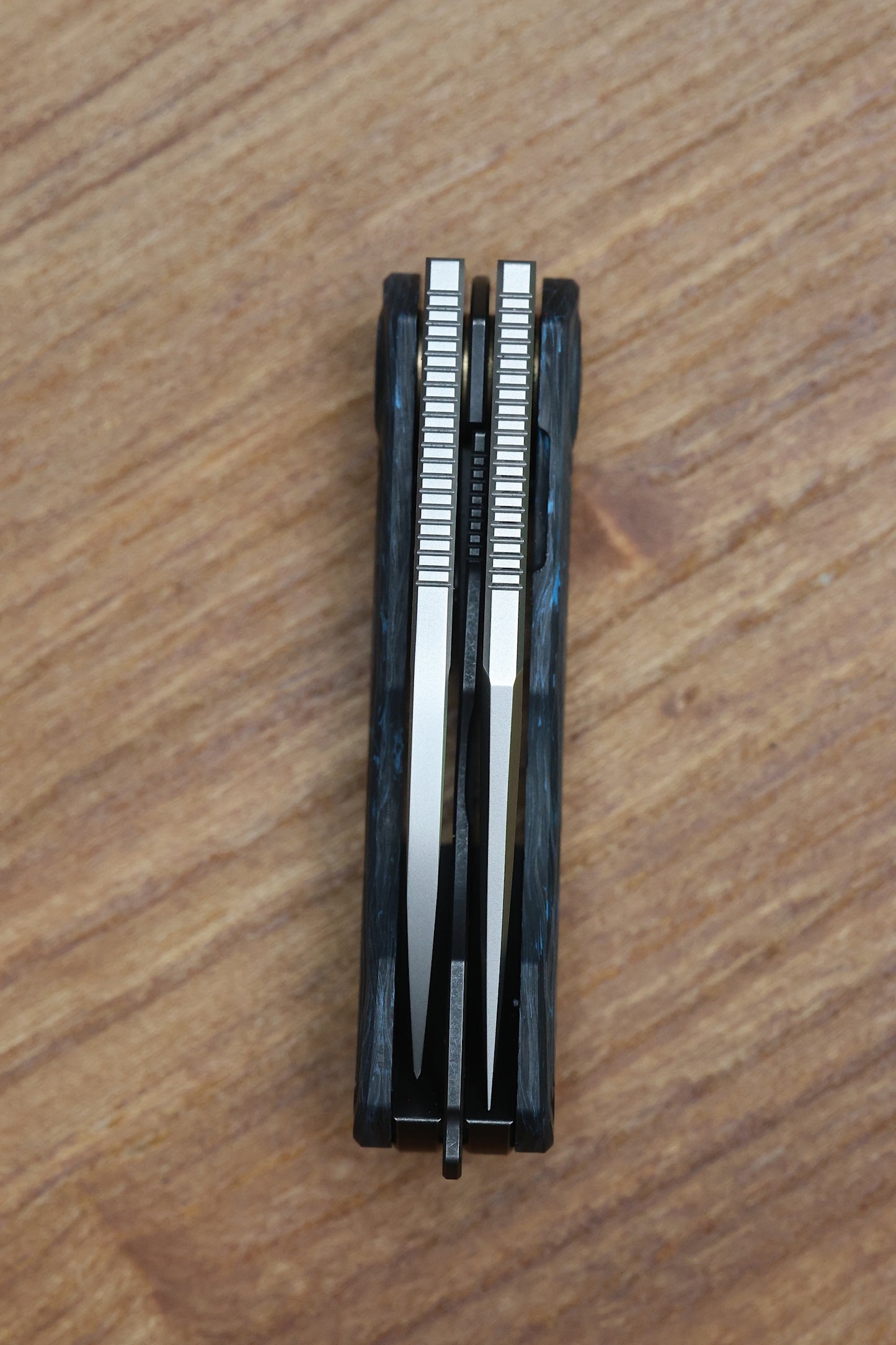 CUSTOM KNIFE FACTORY KEYSHA W/ BLUE CARBON FIBER HANDLES & M398 BLADES