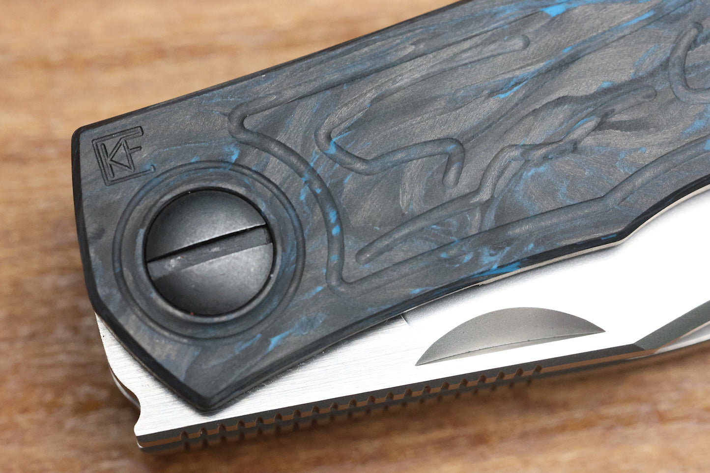 CUSTOM KNIFE FACTORY KEYSHA W/ BLUE CARBON FIBER HANDLES & M398 BLADES