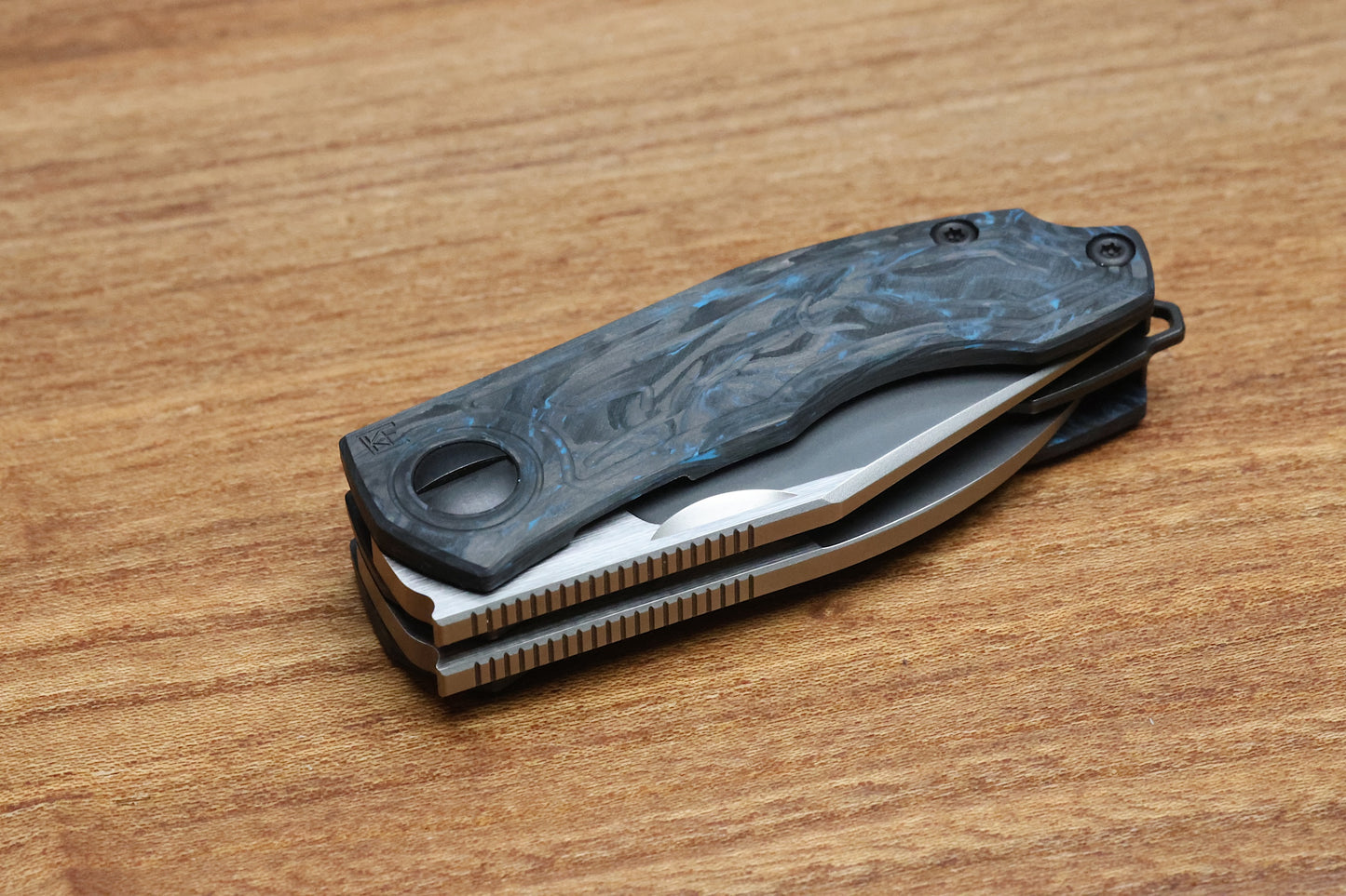 CUSTOM KNIFE FACTORY KEYSHA W/ BLUE CARBON FIBER HANDLES & M398 BLADES