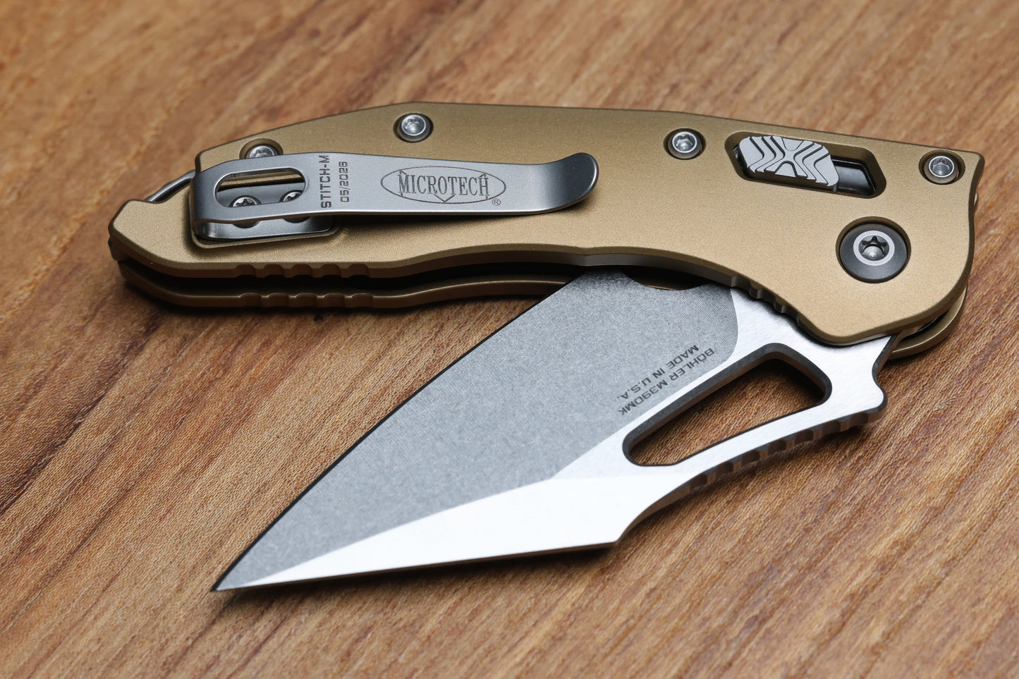 MICROTECH KNIVES MANUAL M-STITCH RAM LOK TAN SMOOTH ALUMINUM HANDLES & STONEWASH M390MK 169MRL-10TA