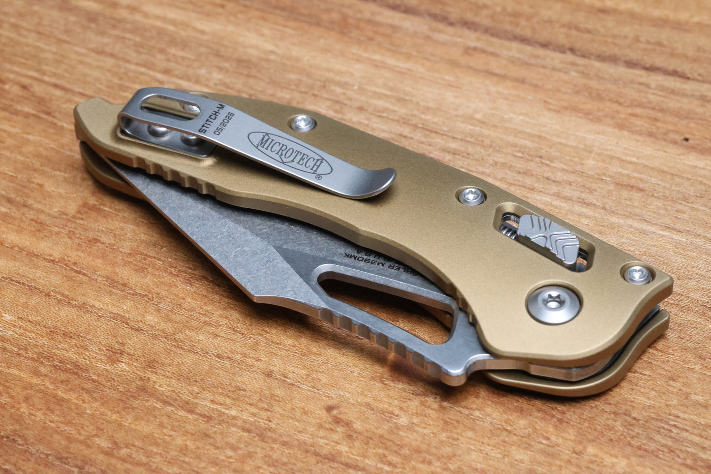 MICROTECH KNIVES MANUAL M-STITCH RAM LOK TAN SMOOTH ALUMINUM HANDLES & STONEWASH M390MK 169MRL-10TA