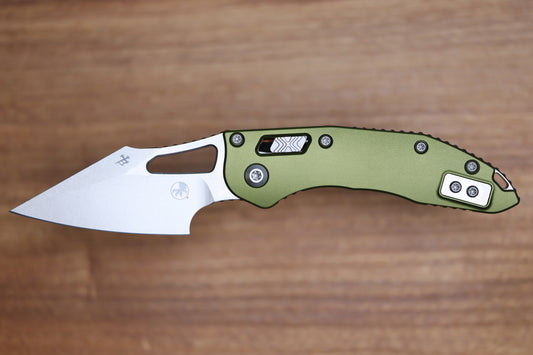 MICROTECH KNIVES MANUAL M-STITCH RAM LOK OD GREEN SMOOTH ALUMINUM HANDLES & STONEWASH M390MK 169MRL-10OD