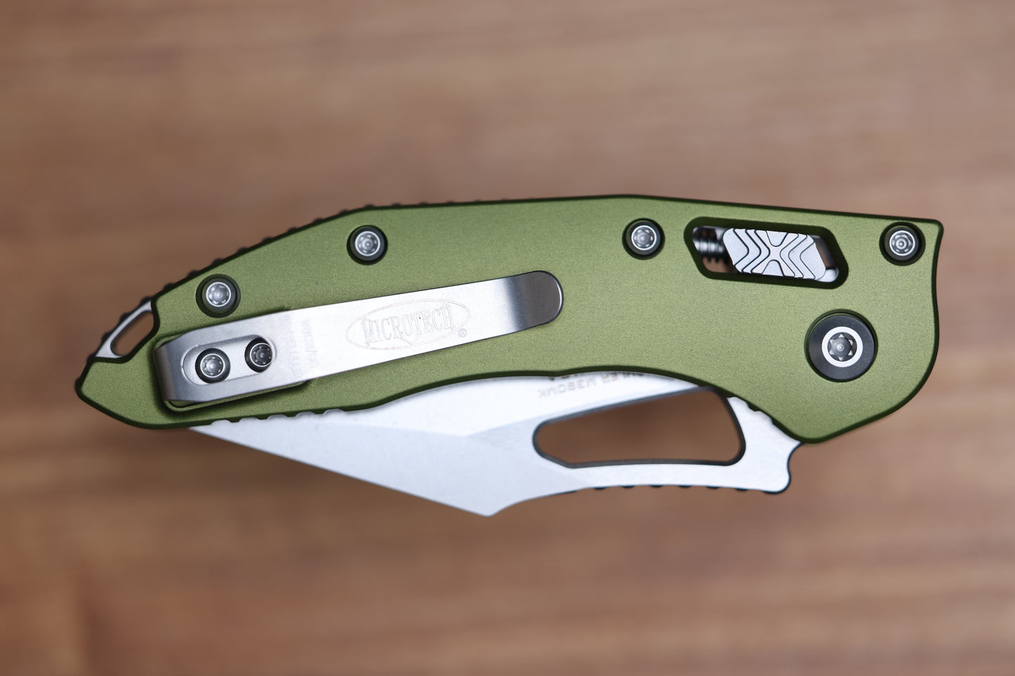 MICROTECH KNIVES MANUAL M-STITCH RAM LOK OD GREEN SMOOTH ALUMINUM HANDLES & STONEWASH M390MK 169MRL-10OD