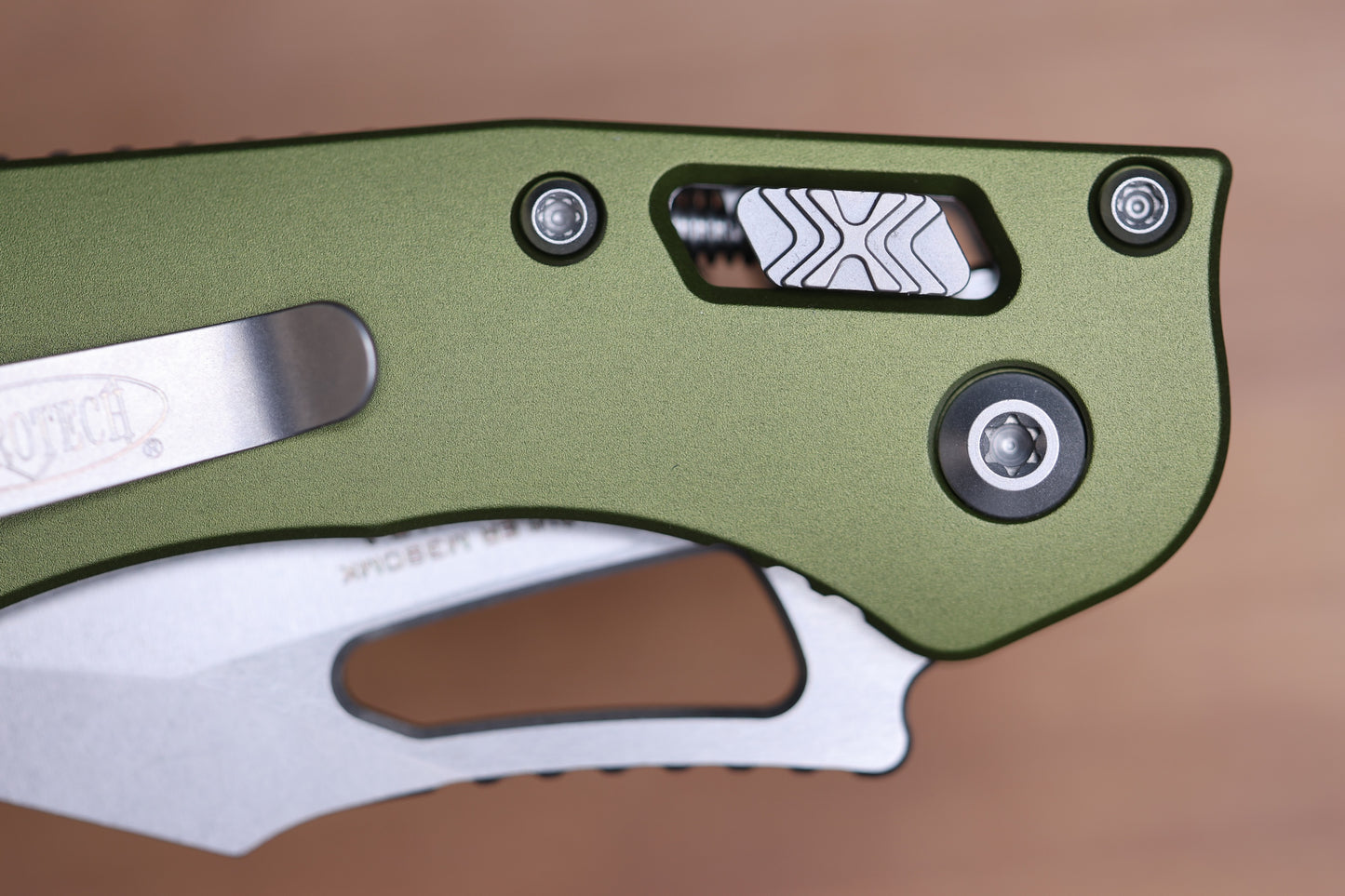 MICROTECH KNIVES MANUAL M-STITCH RAM LOK OD GREEN SMOOTH ALUMINUM HANDLES & STONEWASH M390MK 169MRL-10OD