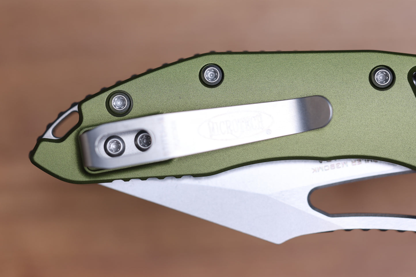 MICROTECH KNIVES MANUAL M-STITCH RAM LOK OD GREEN SMOOTH ALUMINUM HANDLES & STONEWASH M390MK 169MRL-10OD