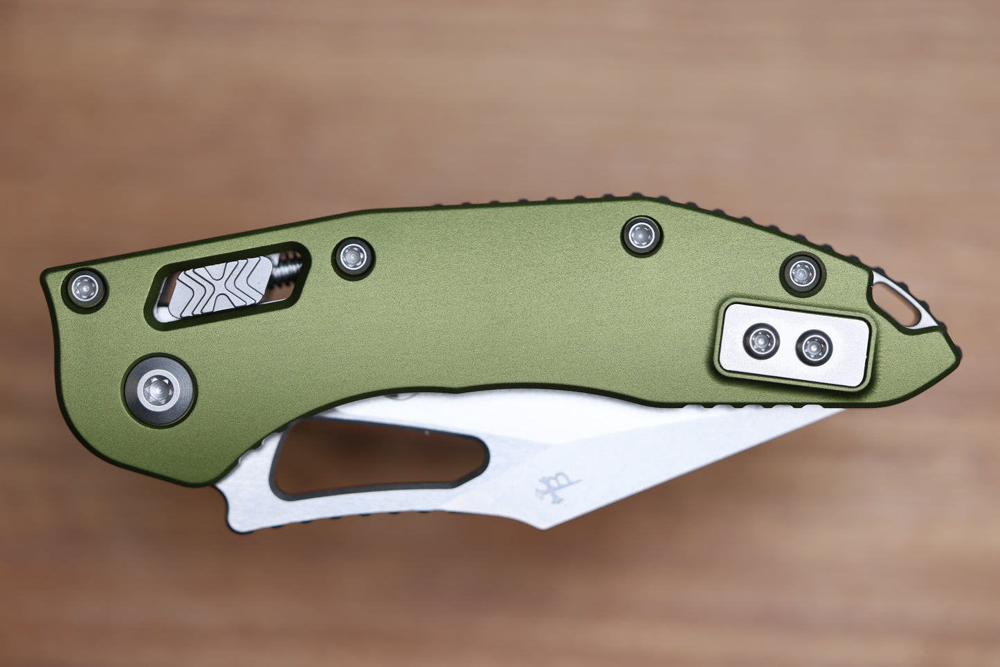 MICROTECH KNIVES MANUAL M-STITCH RAM LOK OD GREEN SMOOTH ALUMINUM HANDLES & STONEWASH M390MK 169MRL-10OD