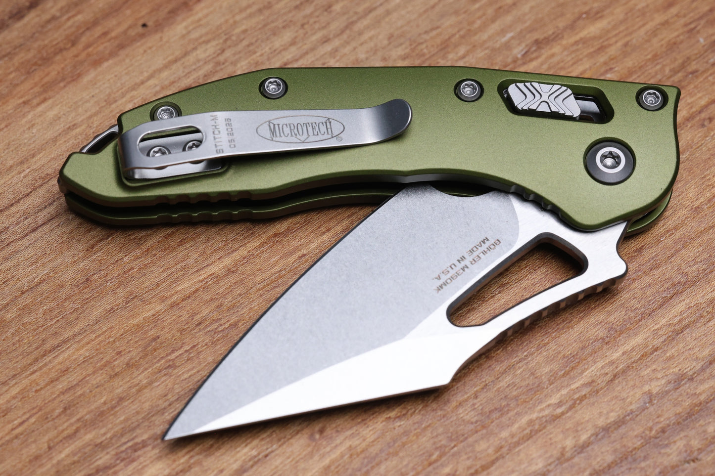 MICROTECH KNIVES MANUAL M-STITCH RAM LOK OD GREEN SMOOTH ALUMINUM HANDLES & STONEWASH M390MK 169MRL-10OD