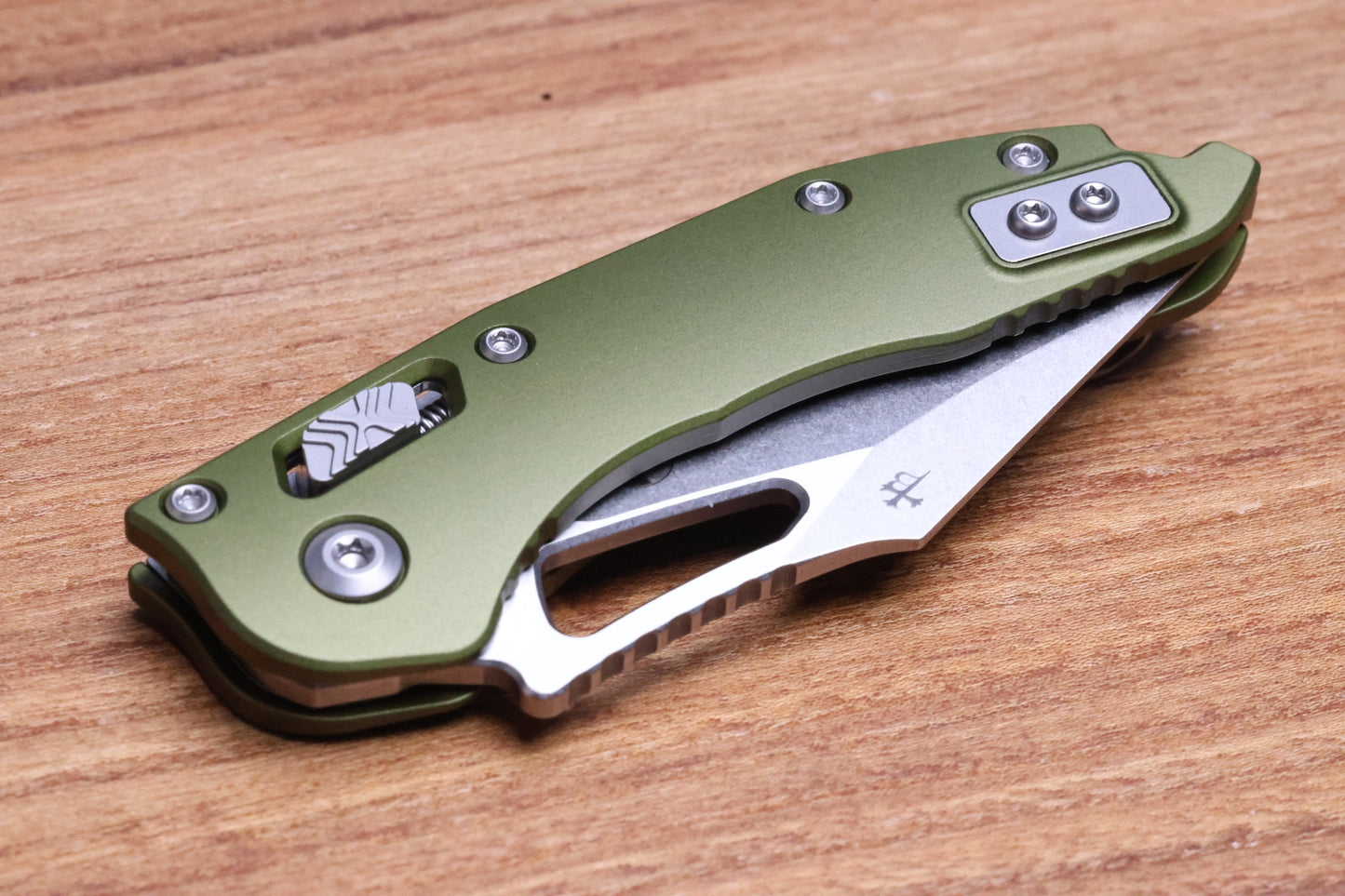 MICROTECH KNIVES MANUAL M-STITCH RAM LOK OD GREEN SMOOTH ALUMINUM HANDLES & STONEWASH M390MK 169MRL-10OD