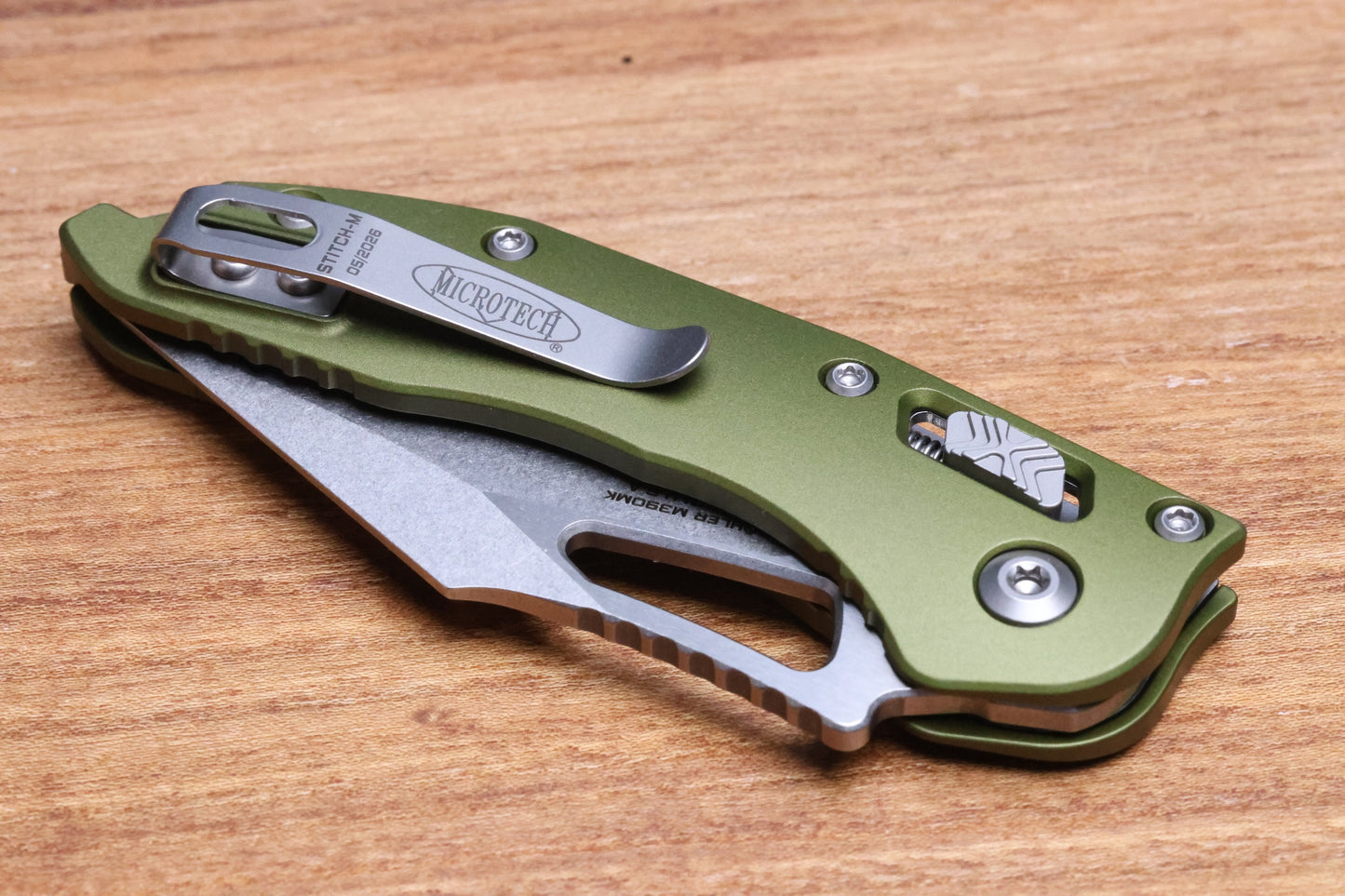 MICROTECH KNIVES MANUAL M-STITCH RAM LOK OD GREEN SMOOTH ALUMINUM HANDLES & STONEWASH M390MK 169MRL-10OD