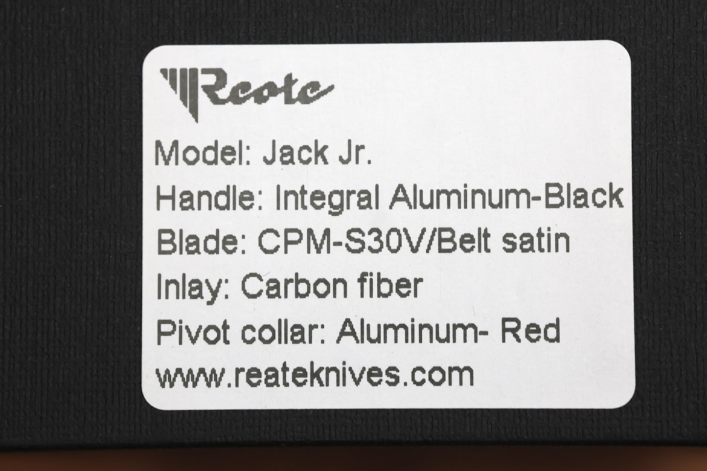 REATE KNIVES JACK JR. BLACK ALUMINUM INTEGRAL HANDLE W/ CARBON FIBER INLAY & RED PIVOT COLLAR & SATIN S30V