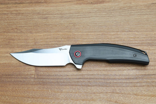 REATE KNIVES JACK JR. BLACK ALUMINUM INTEGRAL HANDLE W/ CARBON FIBER INLAY & RED PIVOT COLLAR & SATIN S30V
