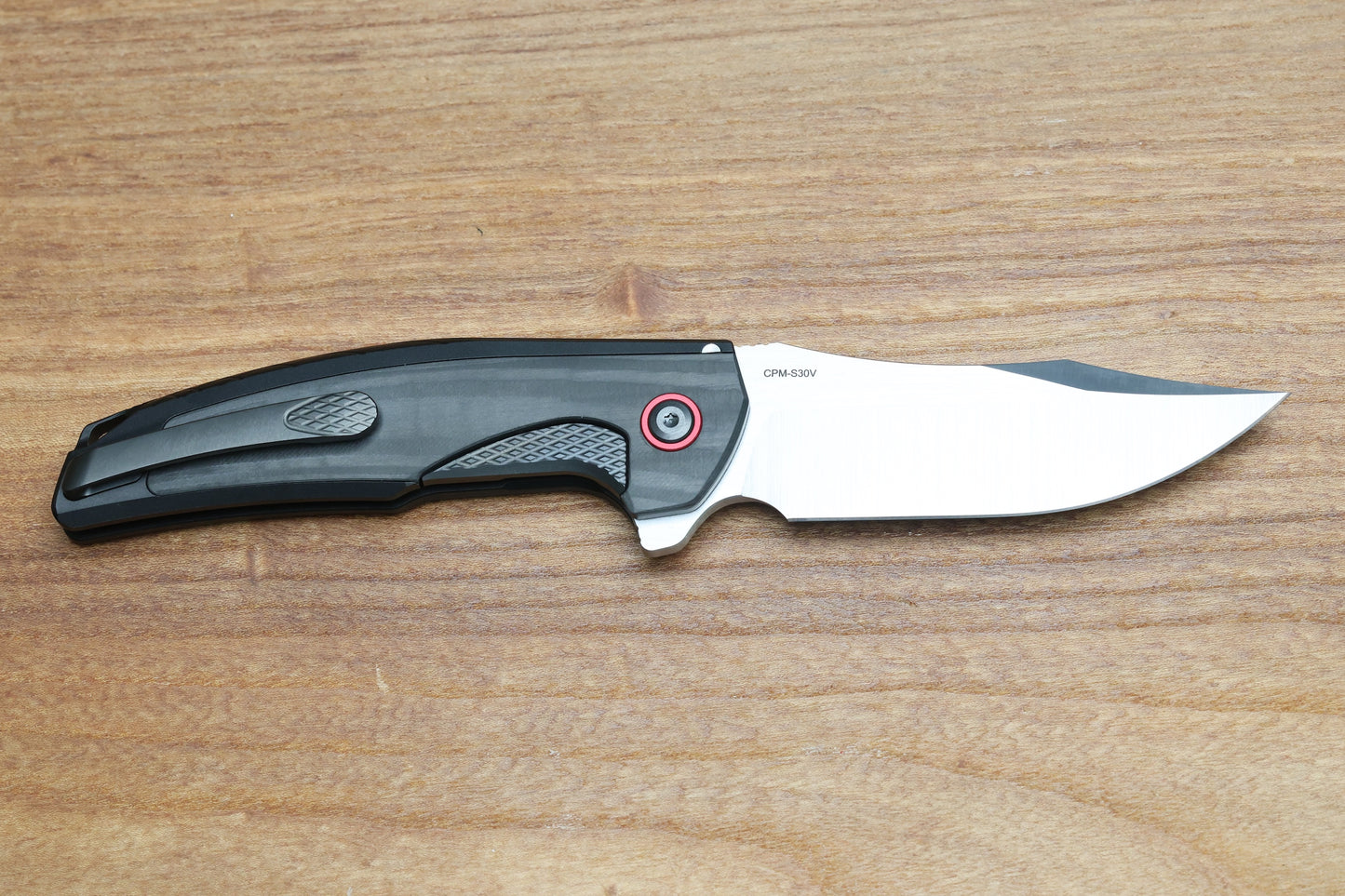 REATE KNIVES JACK JR. BLACK ALUMINUM INTEGRAL HANDLE W/ CARBON FIBER INLAY & RED PIVOT COLLAR & SATIN S30V
