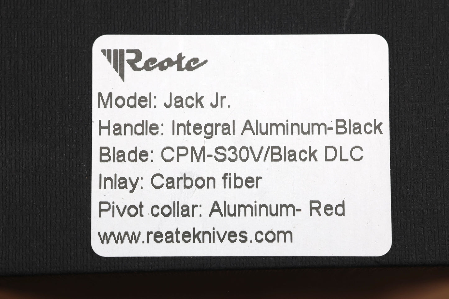 REATE KNIVES JACK JR. BLACK ALUMINUM INTEGRAL HANDLE W/ CARBON FIBER INLAY & RED PIVOT COLLAR & DLC S30V