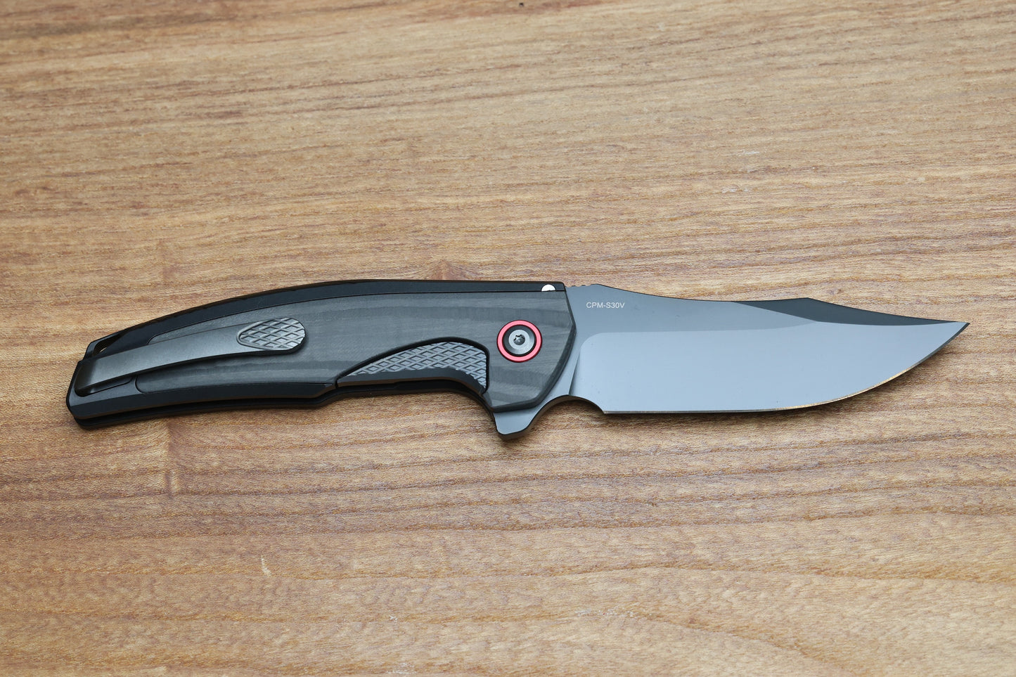REATE KNIVES JACK JR. BLACK ALUMINUM INTEGRAL HANDLE W/ CARBON FIBER INLAY & RED PIVOT COLLAR & DLC S30V