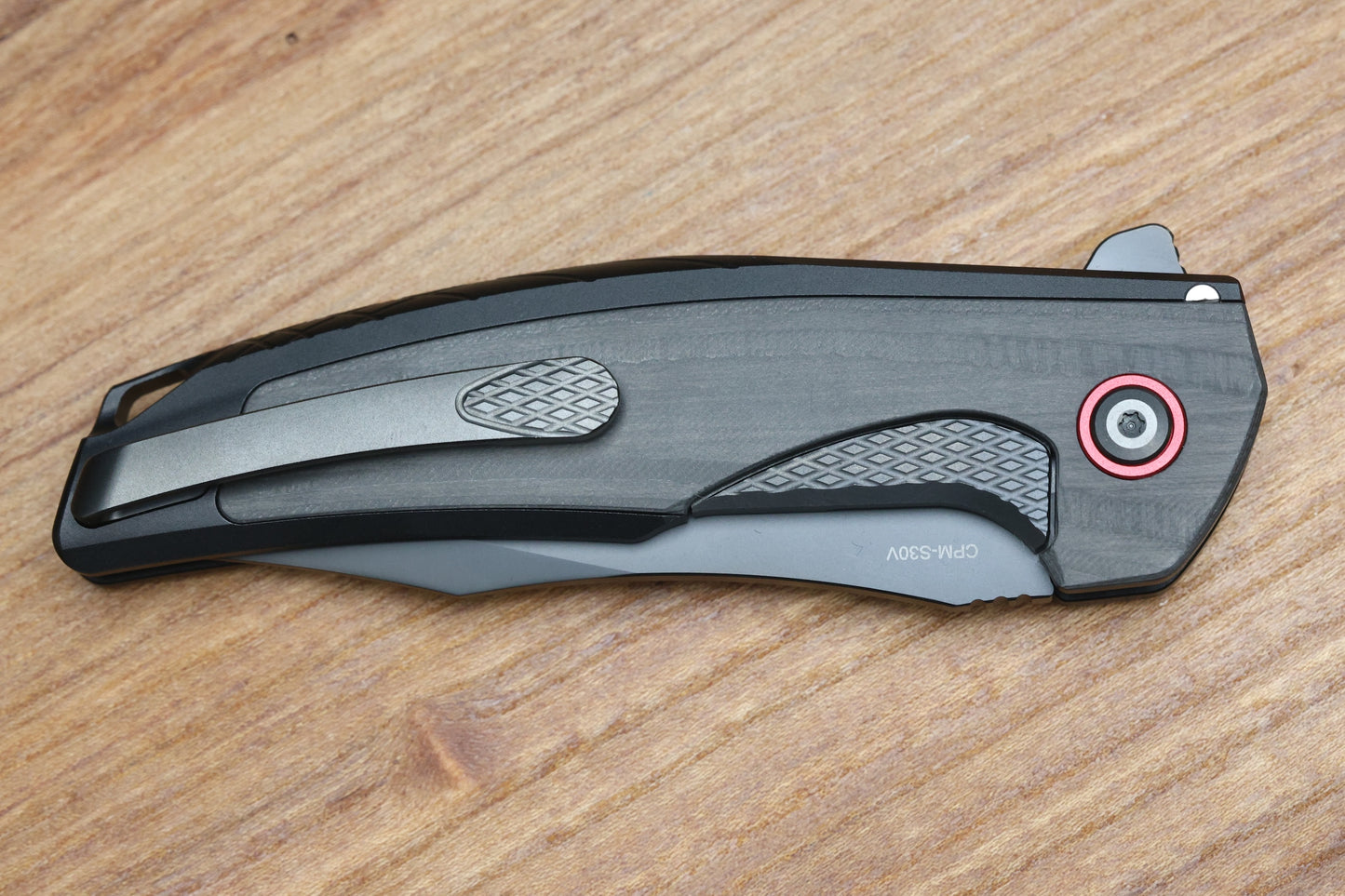 REATE KNIVES JACK JR. BLACK ALUMINUM INTEGRAL HANDLE W/ CARBON FIBER INLAY & RED PIVOT COLLAR & DLC S30V