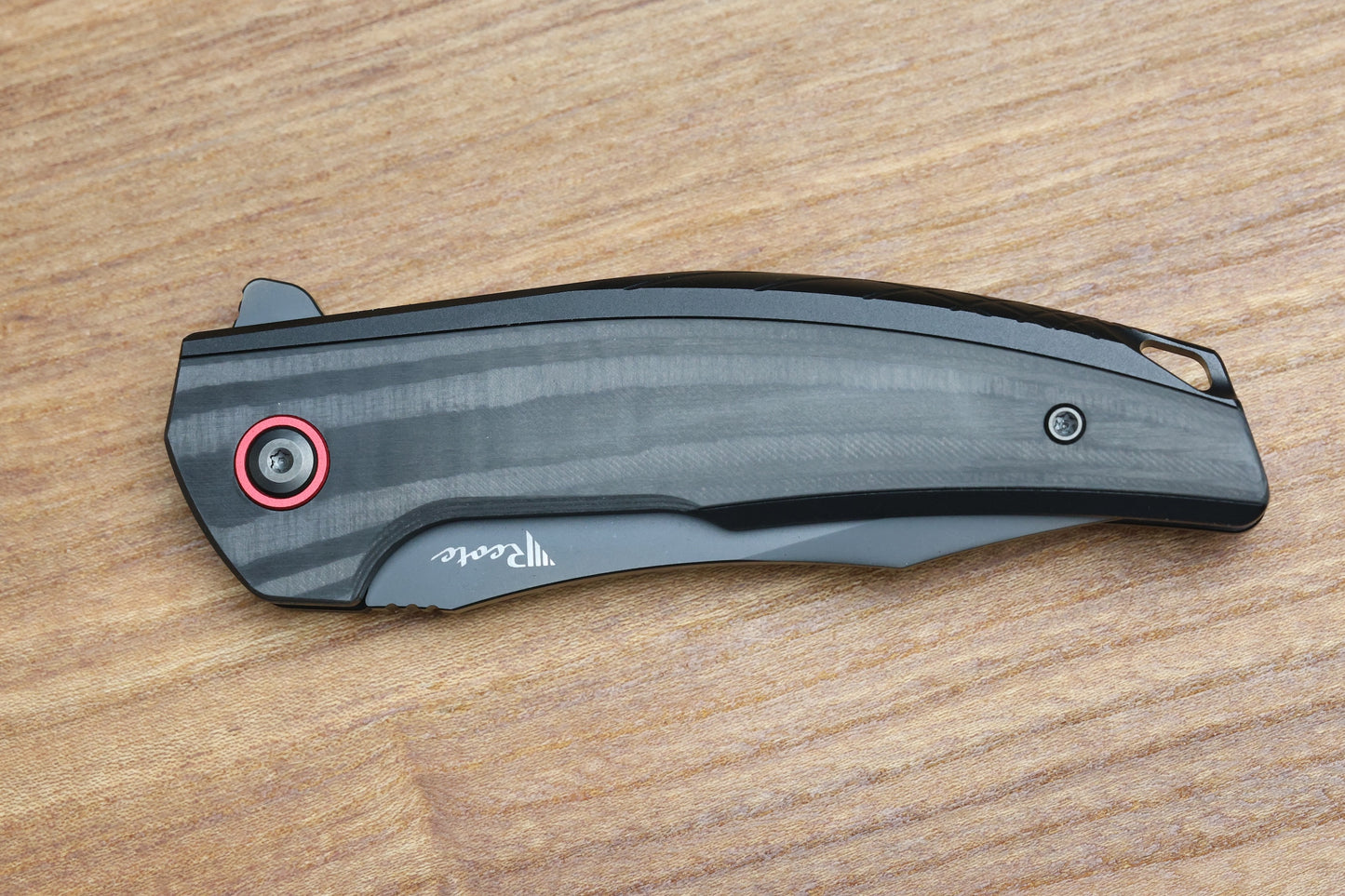 REATE KNIVES JACK JR. BLACK ALUMINUM INTEGRAL HANDLE W/ CARBON FIBER INLAY & RED PIVOT COLLAR & DLC S30V