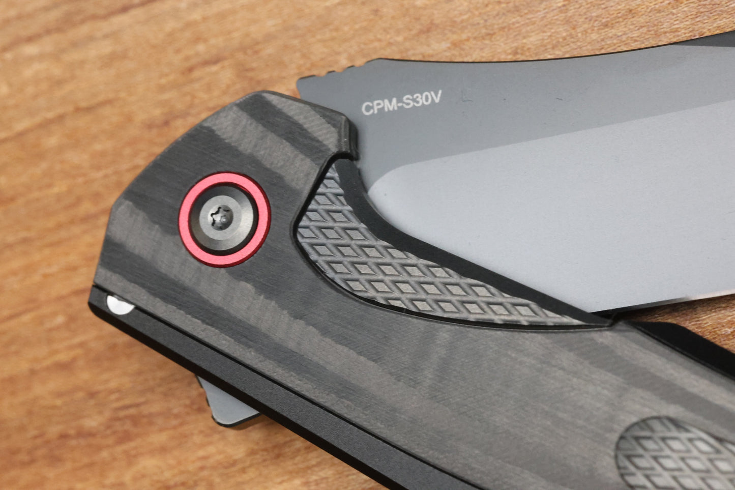 REATE KNIVES JACK JR. BLACK ALUMINUM INTEGRAL HANDLE W/ CARBON FIBER INLAY & RED PIVOT COLLAR & DLC S30V