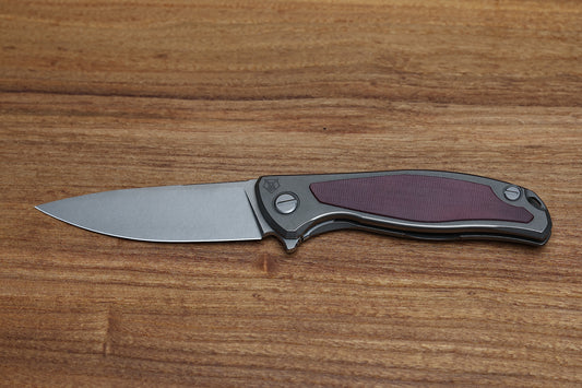 SHIROGOROV F95NL – ELMAX BLADE – STONEWASHED TITANIUM HANDLE W/ MAROON MICARTA INLAY- MRBS