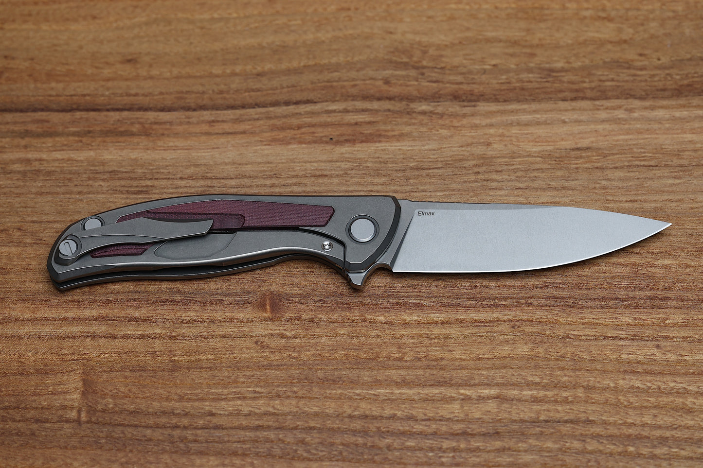 SHIROGOROV F95NL – ELMAX BLADE – STONEWASHED TITANIUM HANDLE W/ MAROON MICARTA INLAY- MRBS