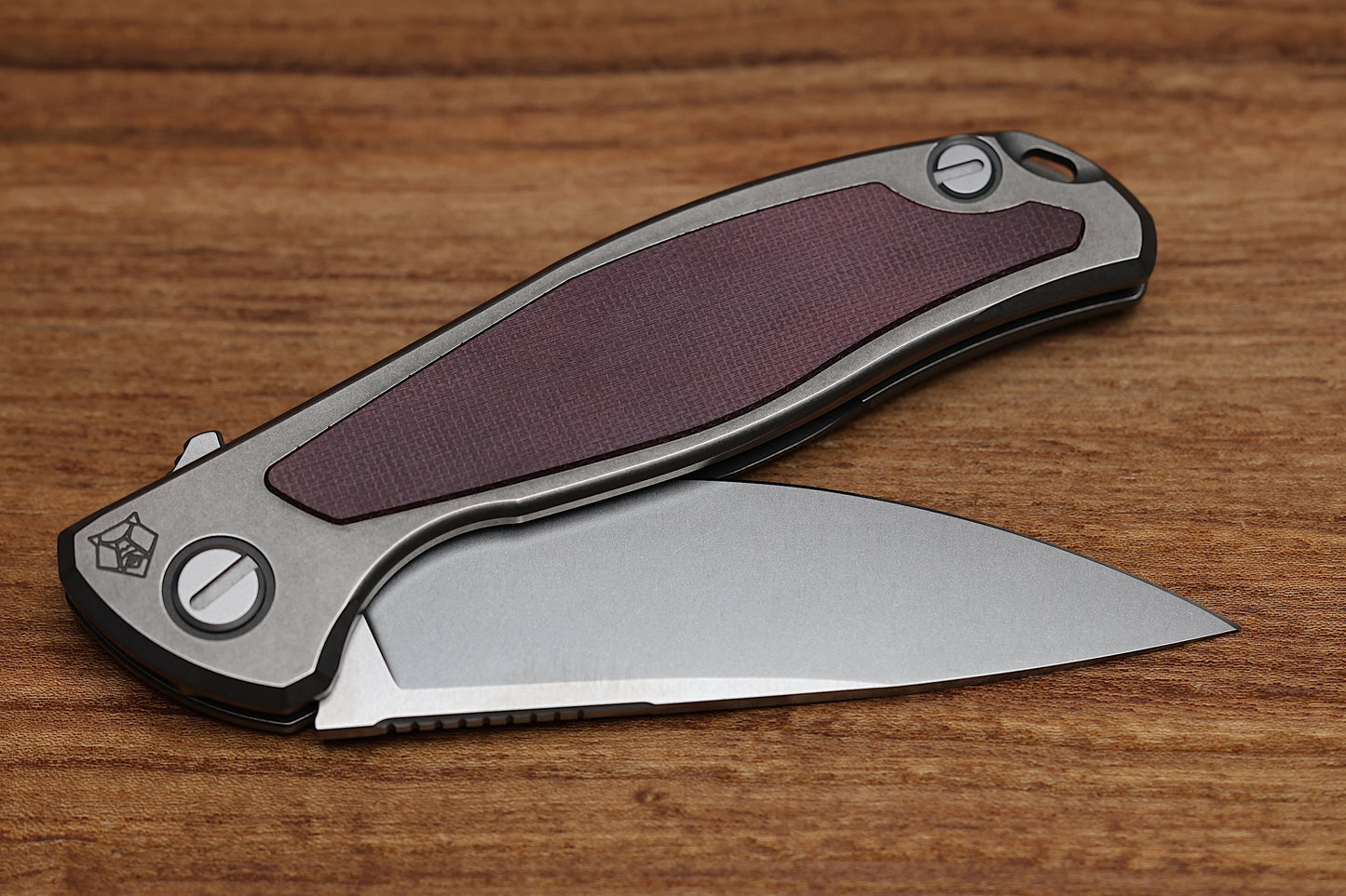 SHIROGOROV F95NL – ELMAX BLADE – STONEWASHED TITANIUM HANDLE W/ MAROON MICARTA INLAY- MRBS