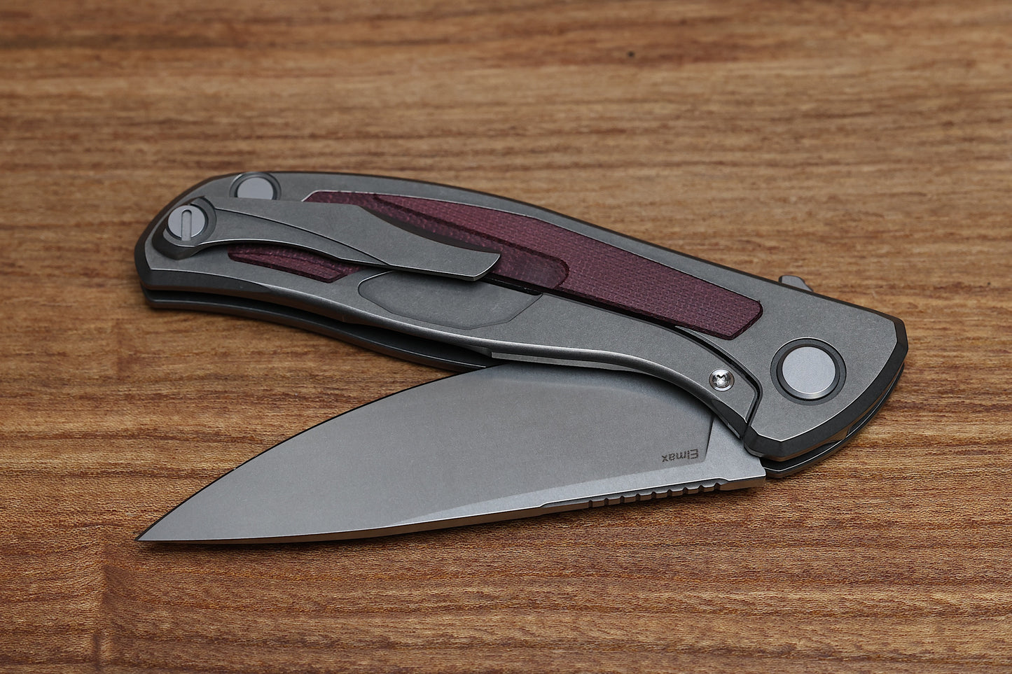 SHIROGOROV F95NL – ELMAX BLADE – STONEWASHED TITANIUM HANDLE W/ MAROON MICARTA INLAY- MRBS