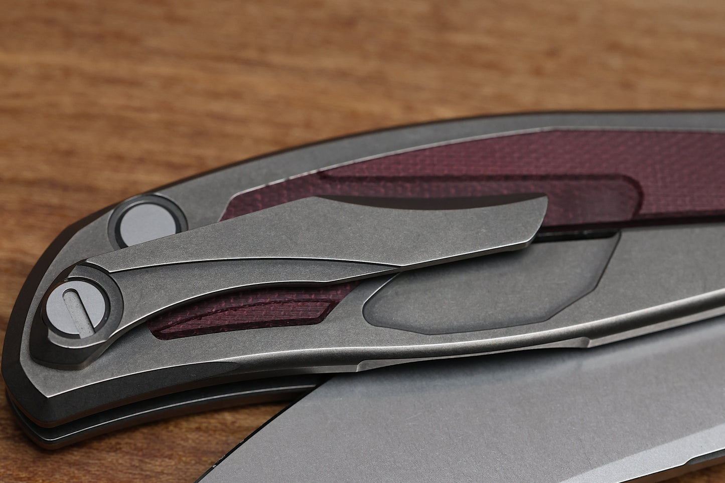 SHIROGOROV F95NL – ELMAX BLADE – STONEWASHED TITANIUM HANDLE W/ MAROON MICARTA INLAY- MRBS