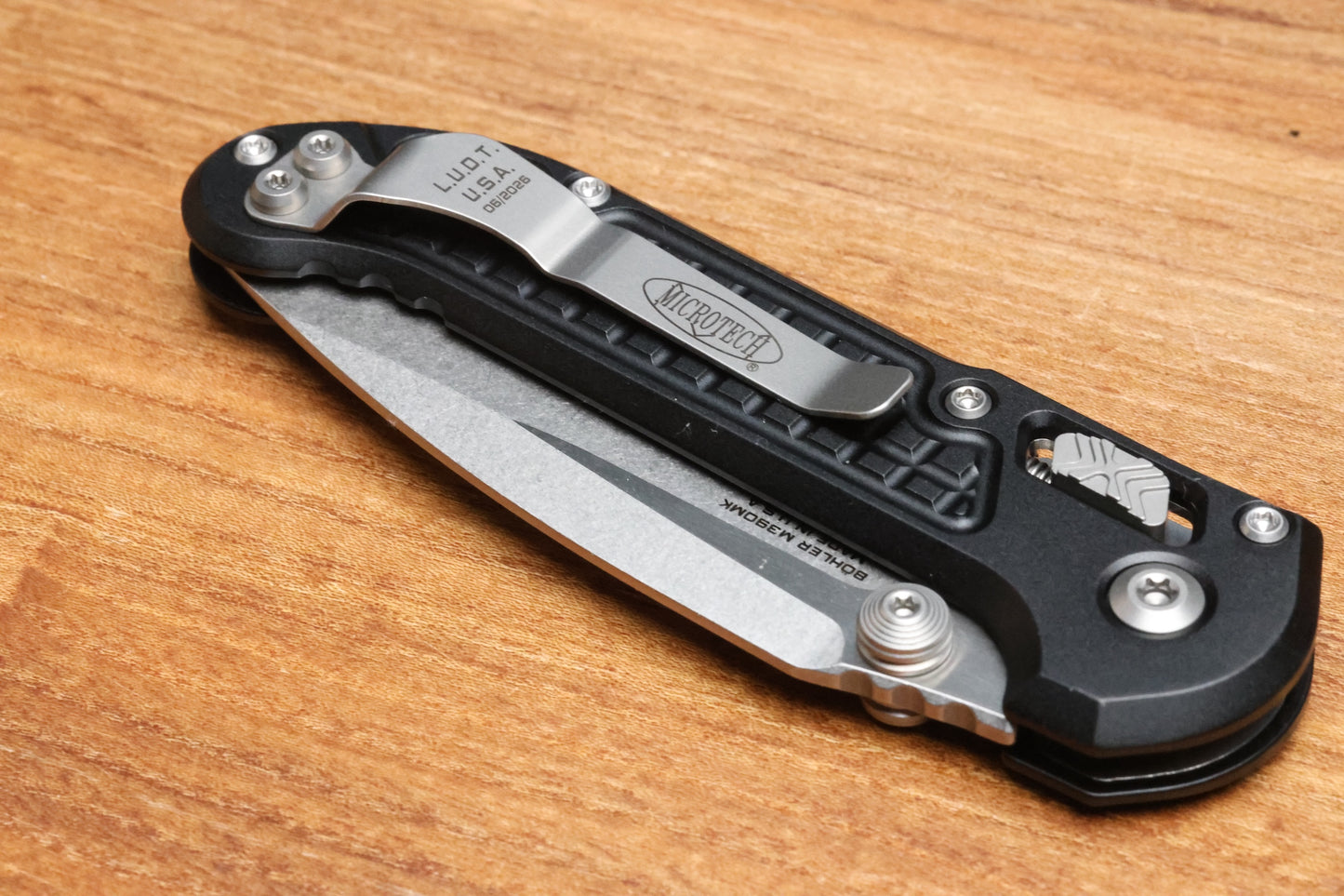 MICROTECH LUDT RAM-LOK MANUAL BLACK FRAG ALUMINUM CLIP POINT STONEWASH M390MK 1135RL-10FR