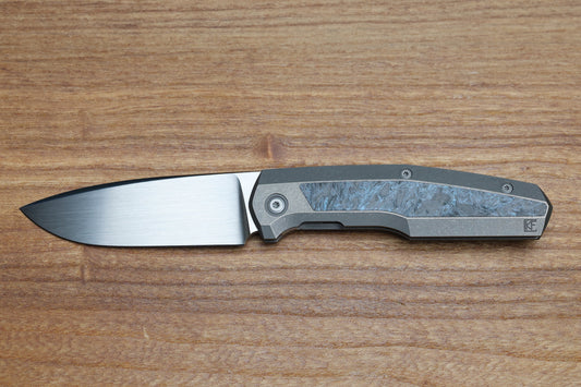 CUSTOM KNIFE FACTORY FIF18 TUMBLED TITANIUM HANDLES W/ BLUE CARBON FIBER INLAY & M398