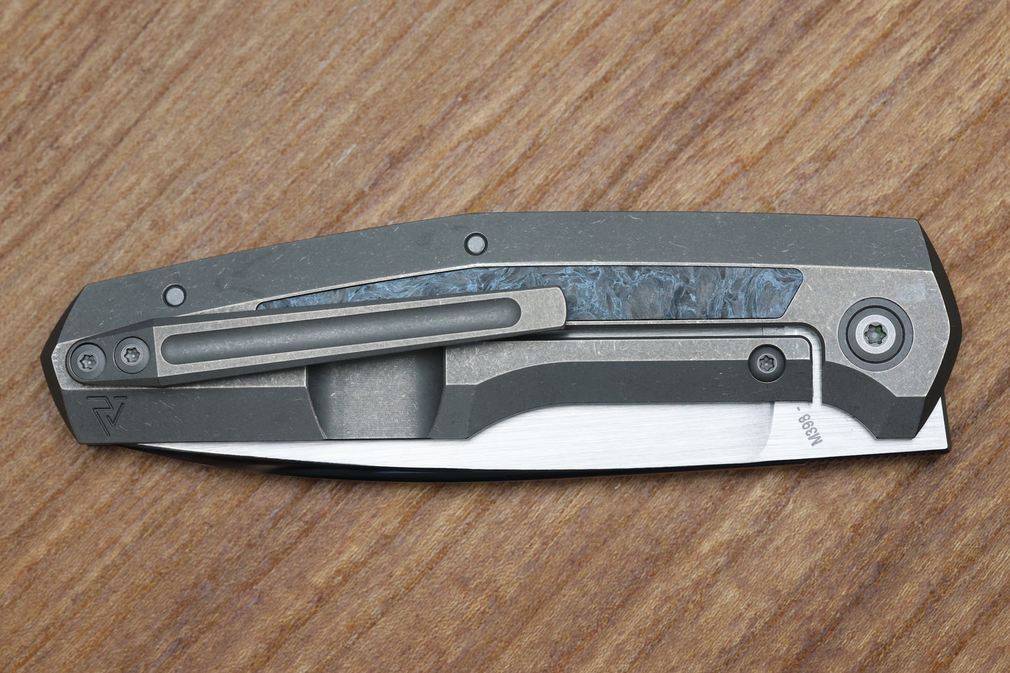CUSTOM KNIFE FACTORY FIF18 TUMBLED TITANIUM HANDLES W/ BLUE CARBON FIBER INLAY & M398