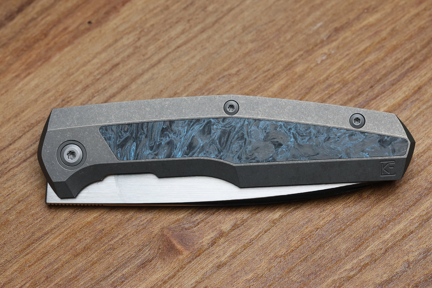 CUSTOM KNIFE FACTORY FIF18 TUMBLED TITANIUM HANDLES W/ BLUE CARBON FIBER INLAY & M398