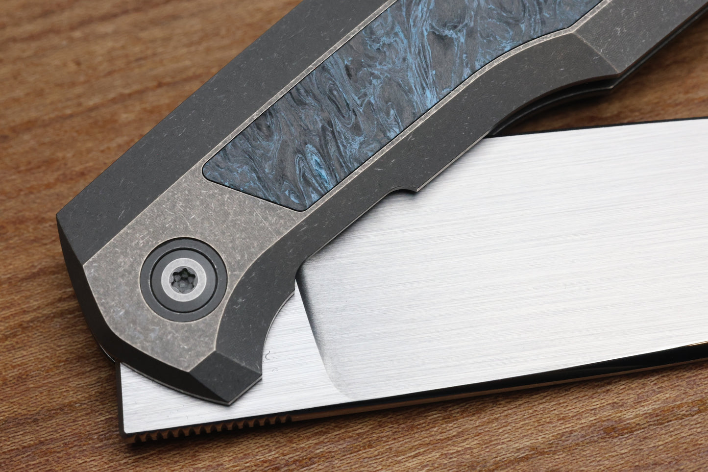CUSTOM KNIFE FACTORY FIF18 TUMBLED TITANIUM HANDLES W/ BLUE CARBON FIBER INLAY & M398