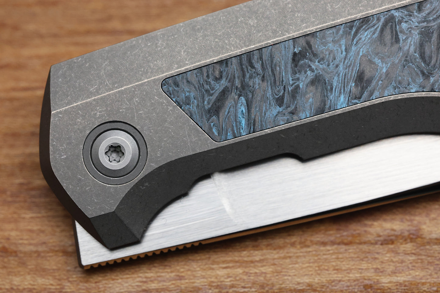 CUSTOM KNIFE FACTORY FIF18 TUMBLED TITANIUM HANDLES W/ BLUE CARBON FIBER INLAY & M398