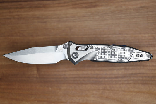 MICROTECH MARFIONE SELECT SOCOM RAM-LOK TITANIUM FRAG HANDLES W/ BLUE ACCENTS & SPEAR POINT STONEWASH M390MK 160RL-10FRSMS3